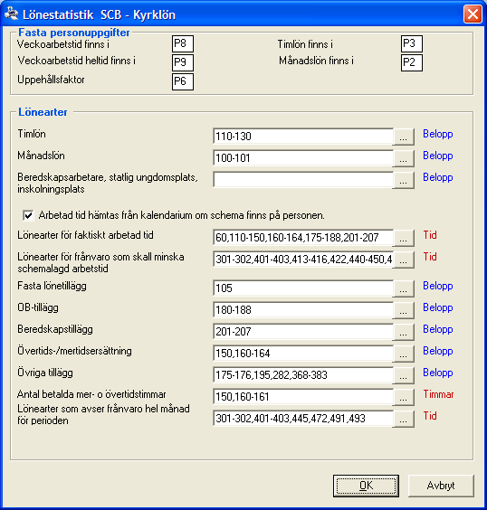 De fasta personuppgifterna hämtar programmet från Anställdaregistret. Det krävs att du anger rätt P-fält för respektive information. Timlön ange den eller de lönearter som du betalar ut timlön med.