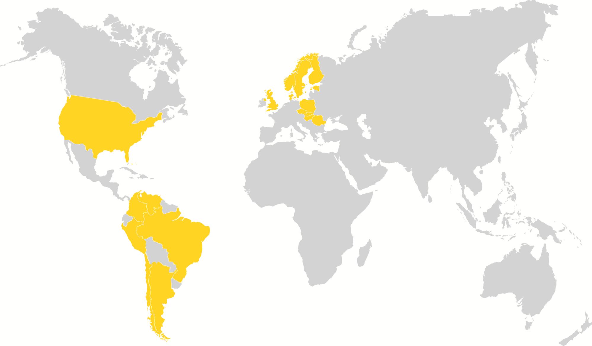 Vi är verksamma på ett antal utvalda hemmamarknader USA Norge Finland Danmark Estland Sverige Storbritanien Polen Tjeckien Slovakien Rumänien Ungern