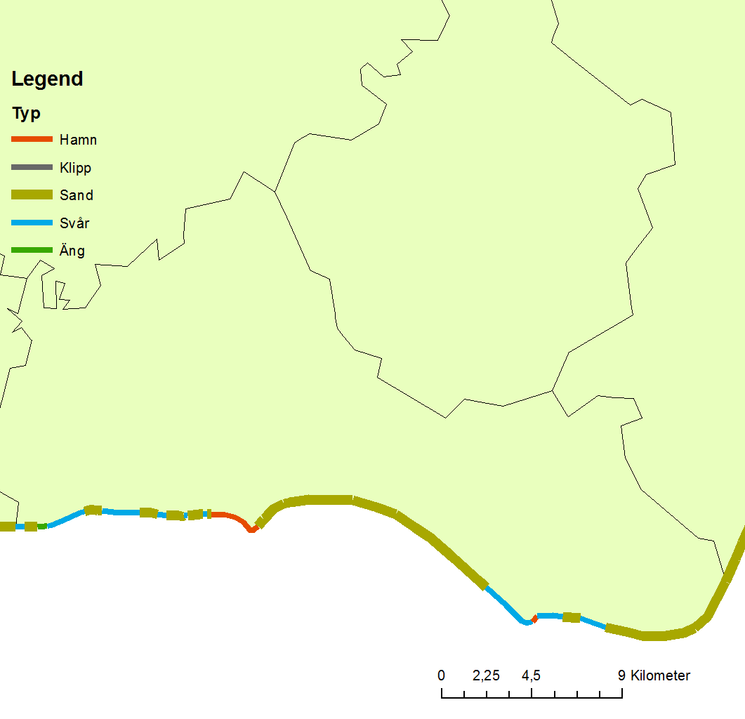 Figur 31. Fördelningen av strandtyper längs Ystads kommuns kust. 3.12.2 Fiskrens Totalt kan 9 641 N m 3 CH 4 per år produceras från fiskrens i Ystads kommun, vilket motsvarar cirka 96 MWh/år.