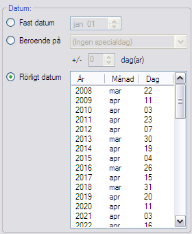 48 / 49 20.3 Ny helgdag Arbetsvyn för en ny helgdag innehåller dels ett fält för namn, dels in grupp med inställningar för datum.