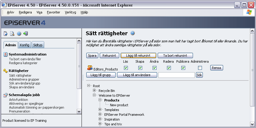 18 Administratörshandbok EPiServer 4.50 egen gren i trädet. Vi börjar då med att skapa tre grupper, antigen i Windows eller i EPiServer beroende på hur vi jobbar.