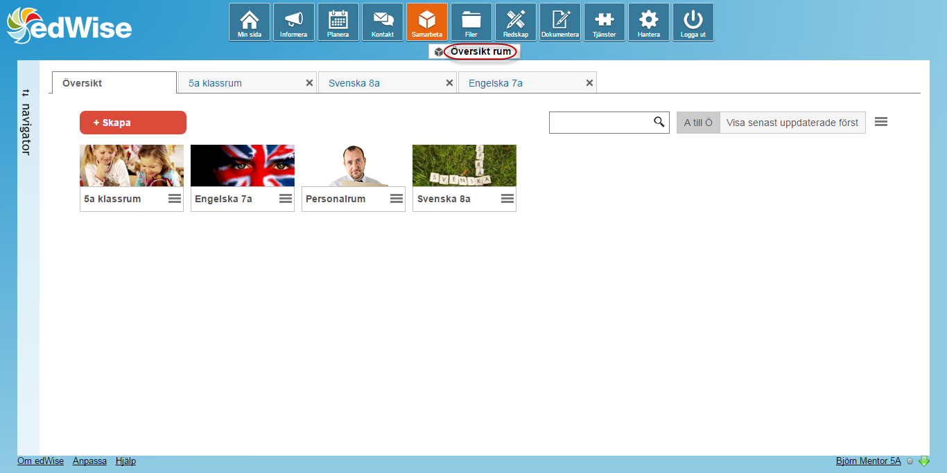 Sida 9/20 5 Samarbeta 5.1 Översikt rum Under Översikt rum kan du skapa helt nya Rum eller Rum utifrån befintliga mallar. Du kan administrera befintliga Rum som du har behörighet att administrera.