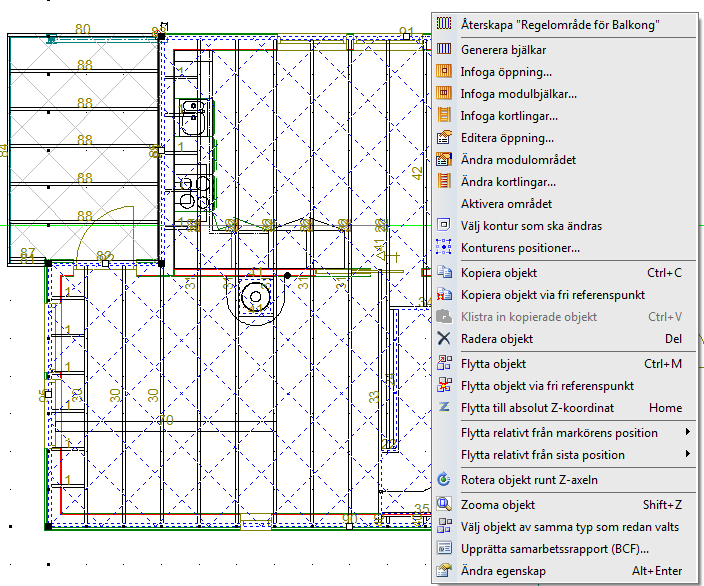 40... Kapitel 1 2013-03-18 Redigering av bjälkesområde När golvet är markerat, klicka höger musknapp för snabbmeny. Generera bjälkar.