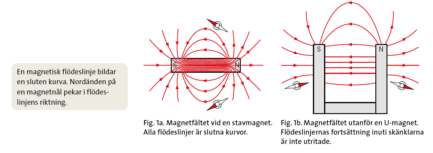 Magnetfält Utanför en magnet går flödeslinjerna från nordpol till sydpol. De bildar alltid slutna slingor.