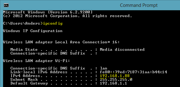 Ta reda på datorns IP-nummer Ta reda på datorns IP-adress genom att öppna kommandoprompten (cmd) på datorn i fråga och skriv ipconfig: OBS: En dator kan ha flera fysiska gränsnitt och flera IP-nummer