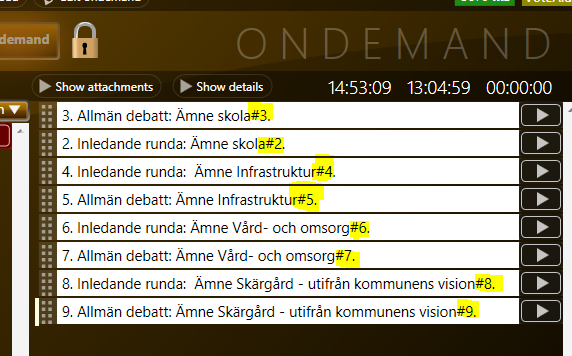 Testa VoteAid-stödet inför varje sändning Använd VoteAids programvara och handenheter för att aktivera ärenden och anmäla anföranden. Kontrollera att ärenden kommer upp i ärendelistan till höger.