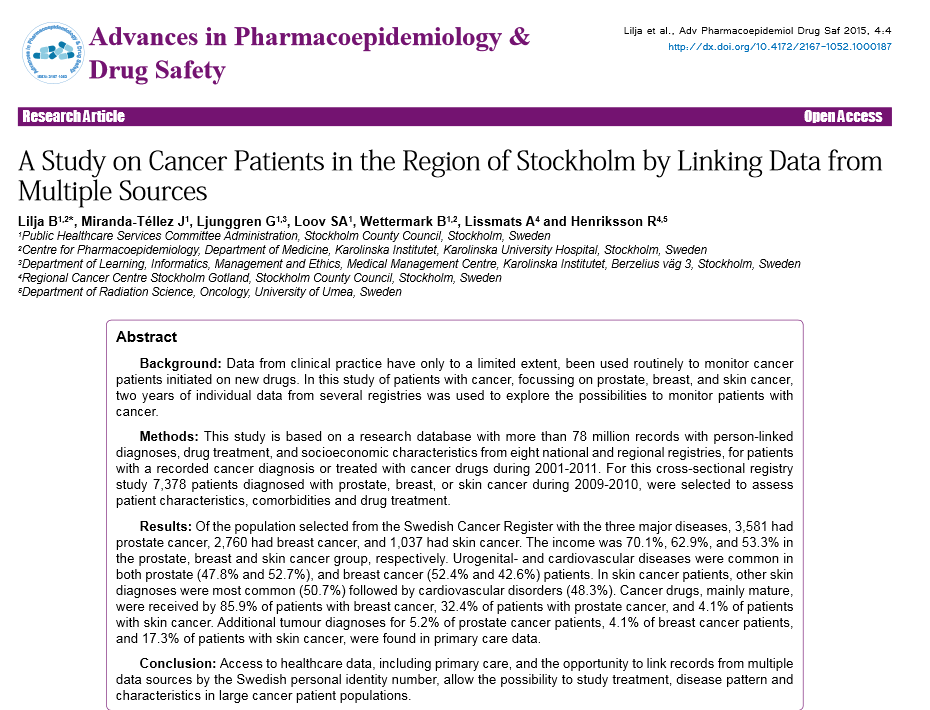 A Study on Cancer Patients in the Region of Stockholm by Linking Data from Multiple Sources Lilja et al. Adv. In Pharmacoepi.
