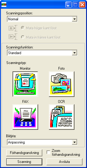 SCANNA INSTÄLLNINGAR FÖR SCANNERDRIVRUTIN Fönstret för scannerdrivrutinen består av ett "Inställningsfönster", där du kan välja scannerns inställningar, och ett "Förhandsgranskningsfönster", som
