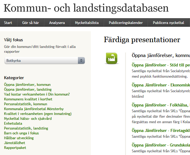 Färdiga presentationer så hittar du nyckeltal för jämställd verksamhet i kommuner 1. Börja med att välja fokus, dvs. den kommun du vill se data för. Färdigt urval 2.