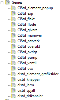 Genies Till Trebor Dynamics Ci följer ett antal Genies tillhörande Citect SCADA / Viejo Citect. Dessa inkluderar symboler och funktioner för VVS samt Elkraft.