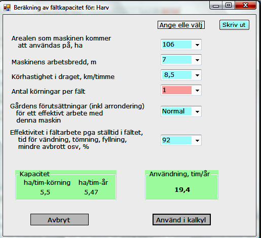 Inmatning av gårdens harv, tallriksredskap, konstgödselspridare och spruta Exempel harv: o Vid Välj maskin väljs Harv och vid Välj maskinstorlek väljs 7 meter, bogserad.