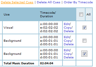 Delete Select Cues Om du vill ta bort ett eller flera musikverk från en musikrapport är det snabbaste sättet att bocka för kryssrutan bredvid varje musikverk som ska tas bort.