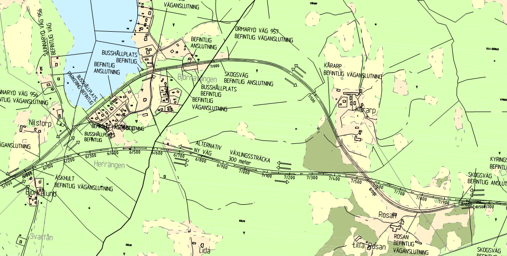 Figur 2. Karta med föreslagen nysträckning mellan Vinkan och Rosan. Ur Teknisk idéstudie (Trafikverket 2013a). 2 Beskrivning av befintliga förhållanden 2.