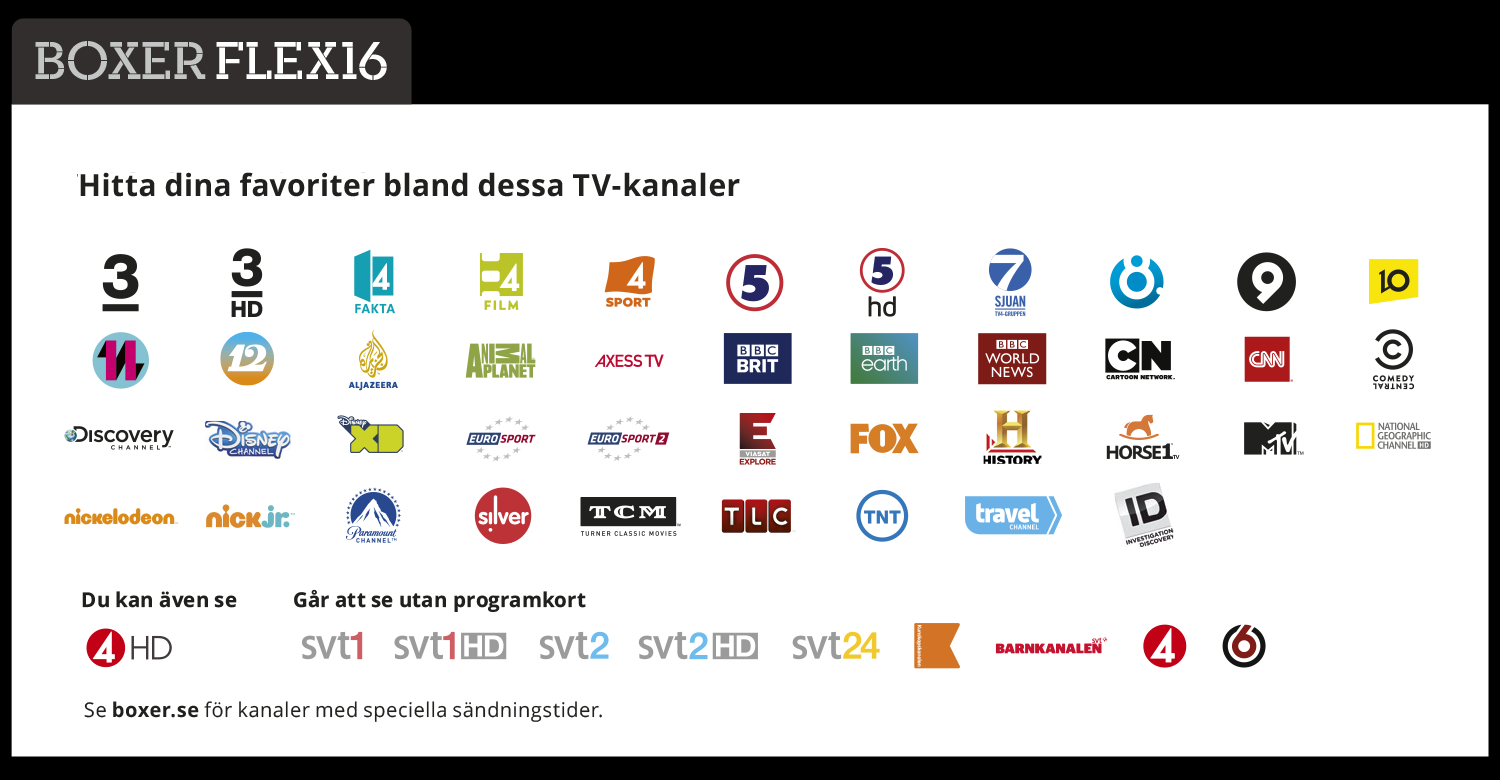 Dessutom kan du lägga till tillvalspaket för sport-, filmeller familjeutbud. Du behöver inte välja kanalerna som går att se utan programkort.