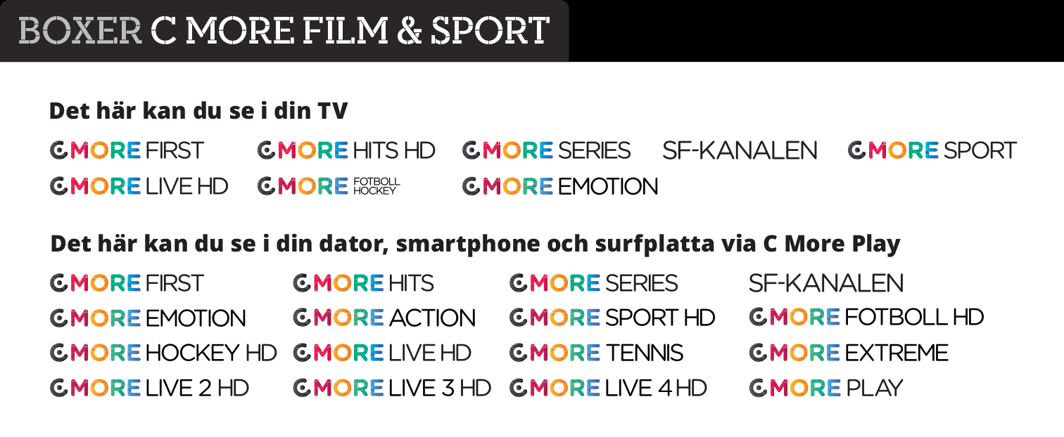 Boxer C More Sport självklara valet för dig som älskar sport Alla matcherna från Allsvenskan och SHL Ett urval av La Ligas matcher och SM-slutspelets kvarts- och seriefinalmatcher.