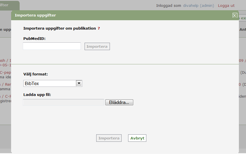 Importera referenser till DiVA 2012-04-23 Du kan importera referenser från många olika databaser och referenshanteringsprogram till DiVA.