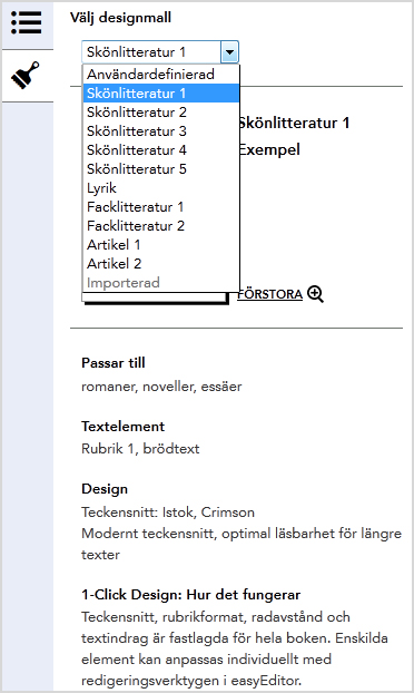 1.4.1 Global textformatering/välja design Här kan du definiera egna styckes- och rubrikformateringar eller välja en designtyp. 1.4.1.1 Användardefinierat Här kan du bestämma en enhetlig teckensnittstorlek för rubriker, styckesindrag och radavstånd i brödtexten för hela projektet.