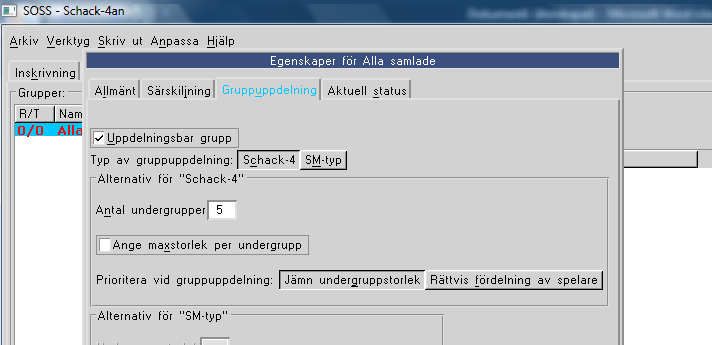 Ändra antalet spelgrupper i tävlingen (förvalt =5) 1. Välj fliken Resultatinmatning 2. Högerklicka på den grupp där alla spelare är inskrivna Alla samlade 3. Välj Egenskaper för Alla samlade 1.