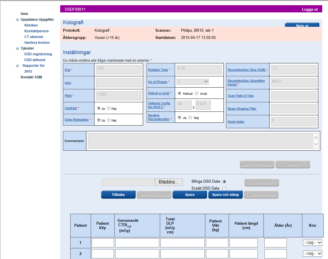 Överst på sidan visas protokoll, skannertillverkare och skannermodell samt undersökningsrum, åldersgrupp och registreringens startdatum.
