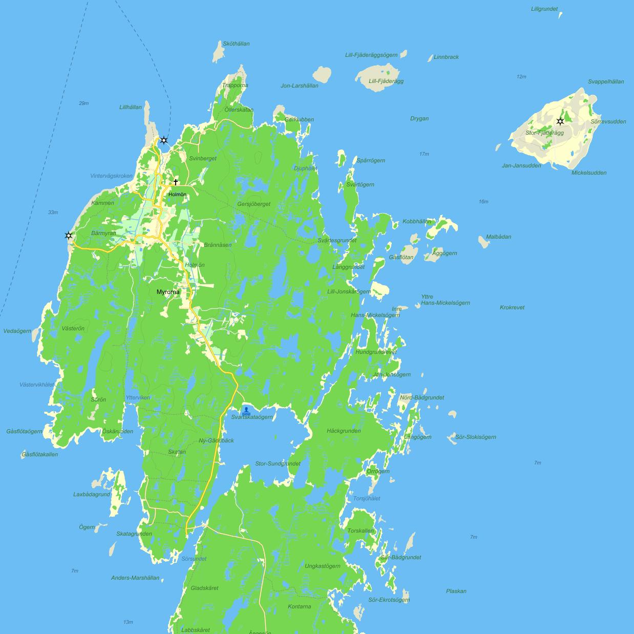 Lillhällan, Båtskäret, strand, klippor, pic-nic Trappudden, Öllerskataviken bad vandring, pic-nic Bykärnan, Bergudden, Myrorna, promenader, cykelutflykter Stora Fjäderägg, naturoch kulturmiljö,