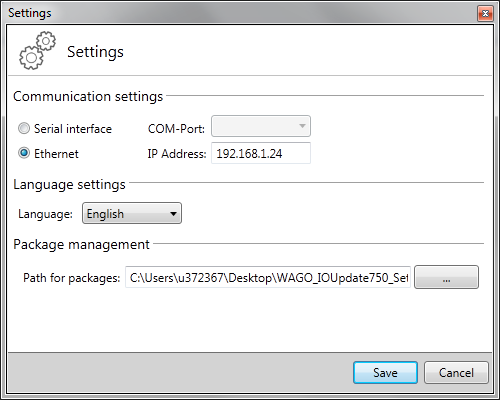 Avancerade I/O Moduler Först Inställningar FILE / Settings Välj Eventuellt Language (Sprache) Välj serieport / IP adress till