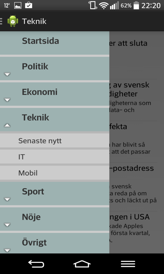 Figur 6(v): Figuren visar hur startsidan ser ut på drawermeny är stängd. Notera ikonen (tre horisontella linjer) bredvid Android maskoten som indikerar att en drawermeny finns.