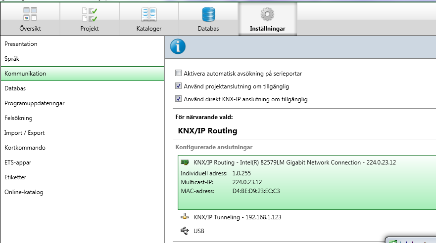 Kontrollera att Ethernet inställningarna ser ut såhär! KNX IP Routing.