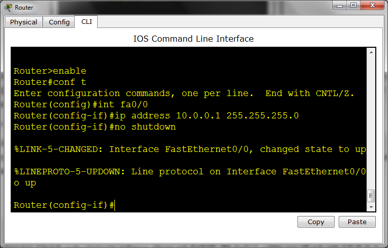 f) Nu är det dags att låta det andra interfacet, fa0/1, få sin adress från en DHCP-server. Börja med att skriva exit för komma till Global Configuration Mode.