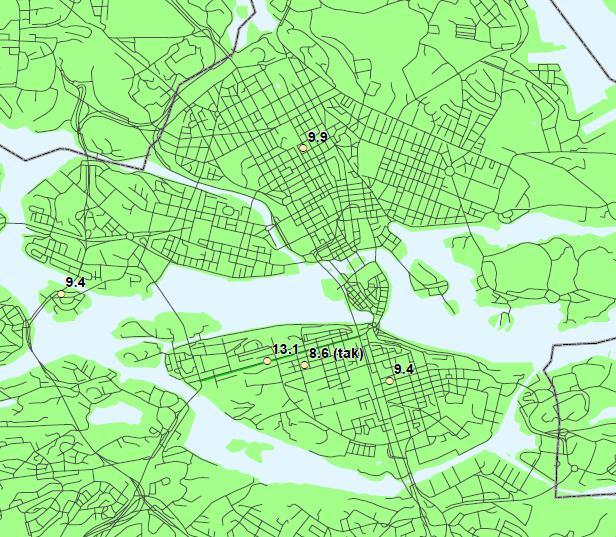 Kartläggningen är baserad på mätningar och beräkningar för år 28-29. Halterna avser ett meteorologiskt normalt år. Årsmedelvärde Årsmedelvärde Partiklar, PM2.