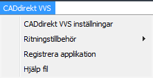 12 CADdirekt VVS Inställningsdialog/Verktygsfält. Inställningsdialog Detta val öppnar inställningsdialogen. Här gör du inställningar för hur ritningen skall se ut.