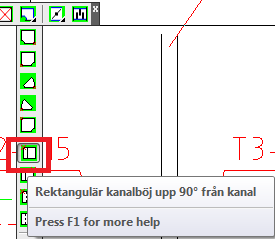 Hämta en rektangulär kanalböj upp 90 från kanal. Titta på kommandoraden: Ange Rektangulär bredd 400, enter och rektangulär höjd 400, enter. Placera i punkt 4.