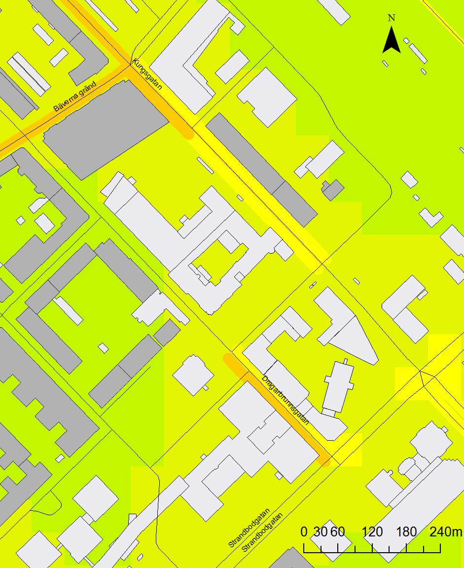 Resultat PM10-halter för nollalternativet år 2020 Figur 2 visar beräknad medelhalt av partiklar, PM10 under det 36:e värsta dygnet för nollalternativet år 2020.