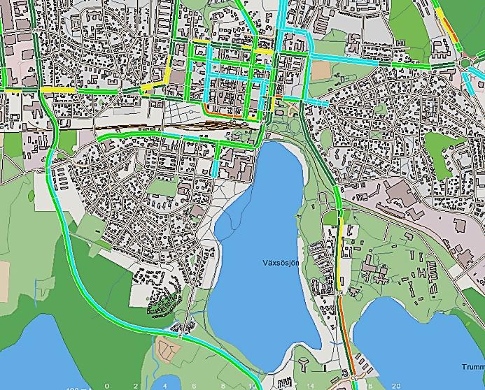 De högsta halterna beräknas för vägavsnitt på Norra Järnvägsgatan (38 μg/m 3 och Österleden (38 μg/m 3 ) Ett par andra vägavsnitt ligger strax över 35 μg/m 3 (se tabell 2).