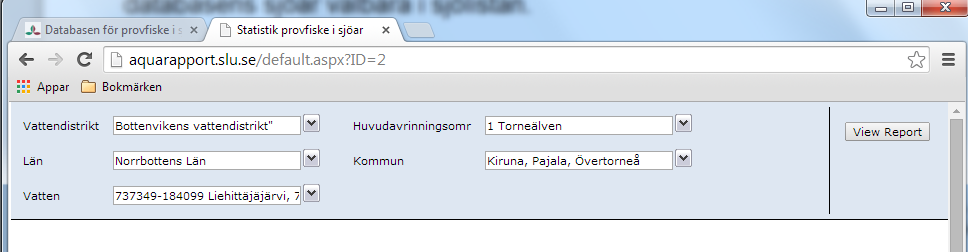 Nu är län, kommuner och vatten från var det finns provfisken i området valbara (har man valt Select All på vattendistrikt och huvudavrinningsområden är nu alla databasens vatten