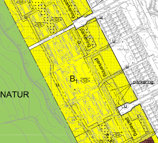 Inom rödstreckad linje gäller användningen B 1 Bostäder och gruppboende Gårdarna mellan husen och de delar som är avsedda för garage i anslutning till parkering regleras med plusmark, dvs Marken får