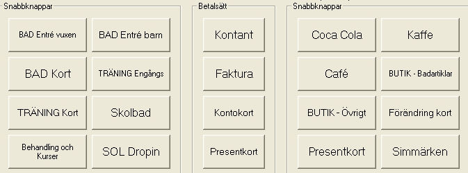 2.1.3.3 Fönstrets mellandel inslagna artiklar I fönstret syns vilken artikel som sålts, vilket PLU den har och priset. Man ser också vad totalsumman av köpet blir. 2.1.3.4 Fönstrets nedre del - snabbknappar och betalsätt F1 F8 Shift + F1 F8 Det är praktiskt att lägga de artiklar som säljs mest på snabbknappar.