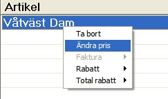 Man väljer i stället Total rabatt i listan (se bild under avsnitt 3.1.3.1) och gör för övrigt på samma sätt som ovan. Resultatet blir som i bilden nedan. 3.1.5 Ändra pris I stället för att ge en kund rabatt kan man ändra priset på en artikel vid försäljningstillfället.