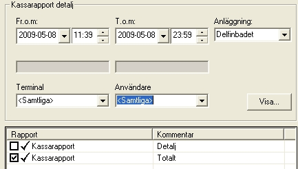 Välj vilken/vilka terminaler och vilken/vilka användare kassan ska göras upp för.