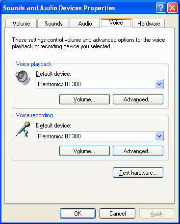 Datorljudinställningar för Windows XP (öppna fönstret genom att klicka på Start > Kontrollpanelen > Ljud och ljudenheter) Standardinställning: Alla datorljud och allt ljud spelas upp i headsetet.