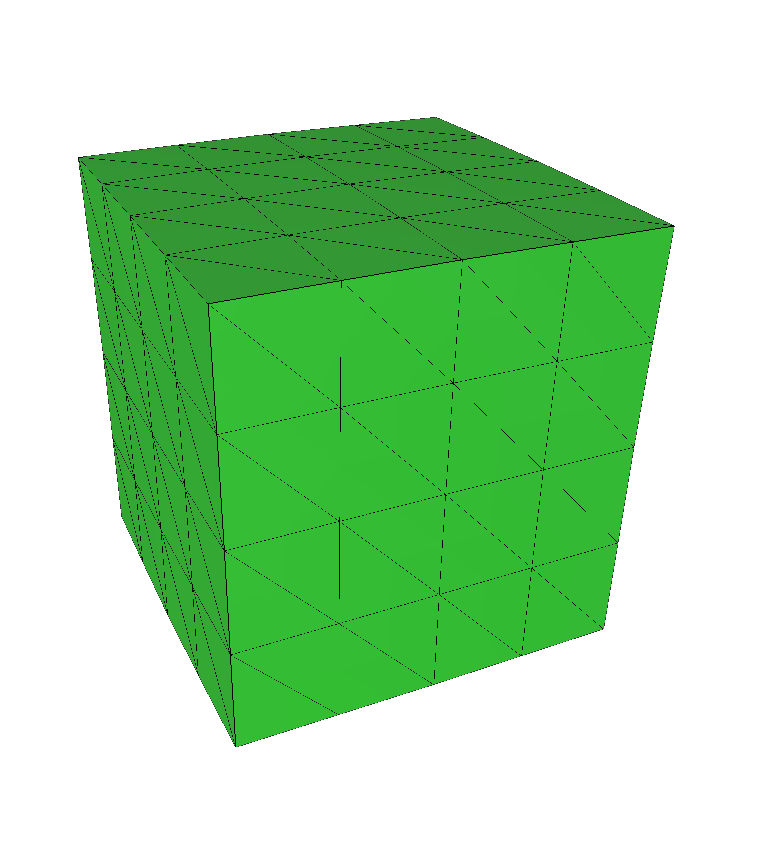 Resultatet i tre dimensioner (se figur 3.2). Gelékuben flyttas upp ovanför marknivån (y=0) och släpps sedan ner (figur 3.2(a)). Vid kollision med marknivån trycks fjädrarna ihop (figur 3.