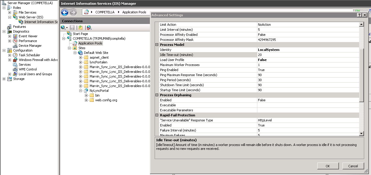 Regular Time Interval, som hittas i Application Pools+...+Advanced Settings, styr hur ofta omstart görs av hela applikationen oberoende av om nån användare är aktiv eller inte.