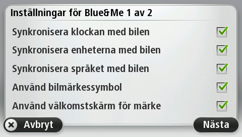 Synkronisera dina Settings (inställningar) Du kan synkronisera vissa Settings (inställningar) på din Blue&Me-TomTom 2-navigationsenhet med bilens inställningar.