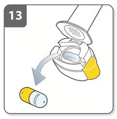 Håll andan: När du har inhalerat läkemedlet: Håll andan i minst 5-10 sekunder eller så länge du kan medan du tar ut inhalatorn ur munnen. Andas sedan ut.