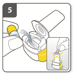 Öppna inhalatorn: Håll inhalatorns botten i ett stadigt grepp och fäll ned munstycket. Inhalatorn är nu öppen.
