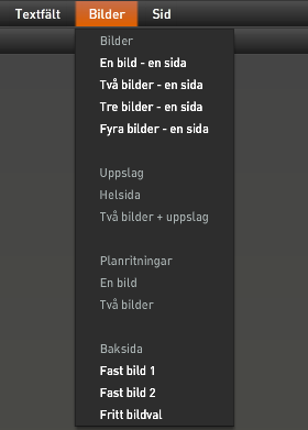 I menyn Sid finns fyra olika alternativ för vilken sorts sida man kan lägga till.