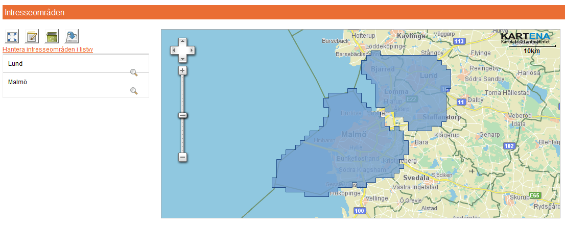 Hämta Exporterar ut intresseområdet i olika GIS-format. Användarens föredragna GIS-format används som förifyllt värde, om det finns med. Redigera öppnar en vy där du kan redigera intresseområdet.