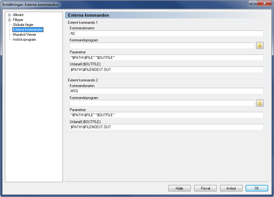 Editor inställningar 121 6.4. Externa kommandon Detta avsnitt beskriver konfiguration och användning av externa kommandon.