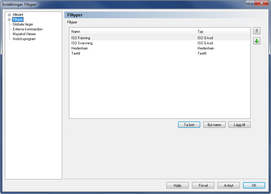 Editor inställningar 89 Följande dialogruta visas: Överblick över Filtyper. Filtyper Detta fält visar en lista över definierade filtyper.