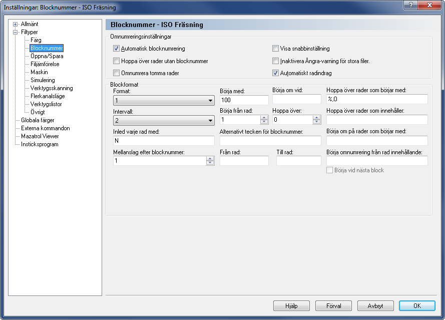 Editor inställningar 94 6.2.2. Blocknummer Blocknumren i ett CNC-program är en viktig vägledning och är alltid i början av ett NC-block.