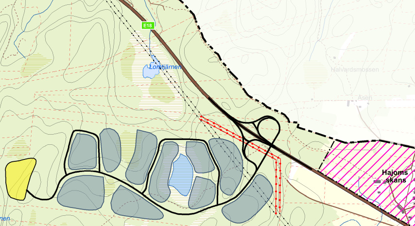 m. ca 160.000 m 2, industriverksamhet ca 20.000 m 2. Fördjupad översiktsplan upprättas med anledning av detta intresse för att bebygga området. Figur 1. Aktuellt område väster om E18 i Årjäng.